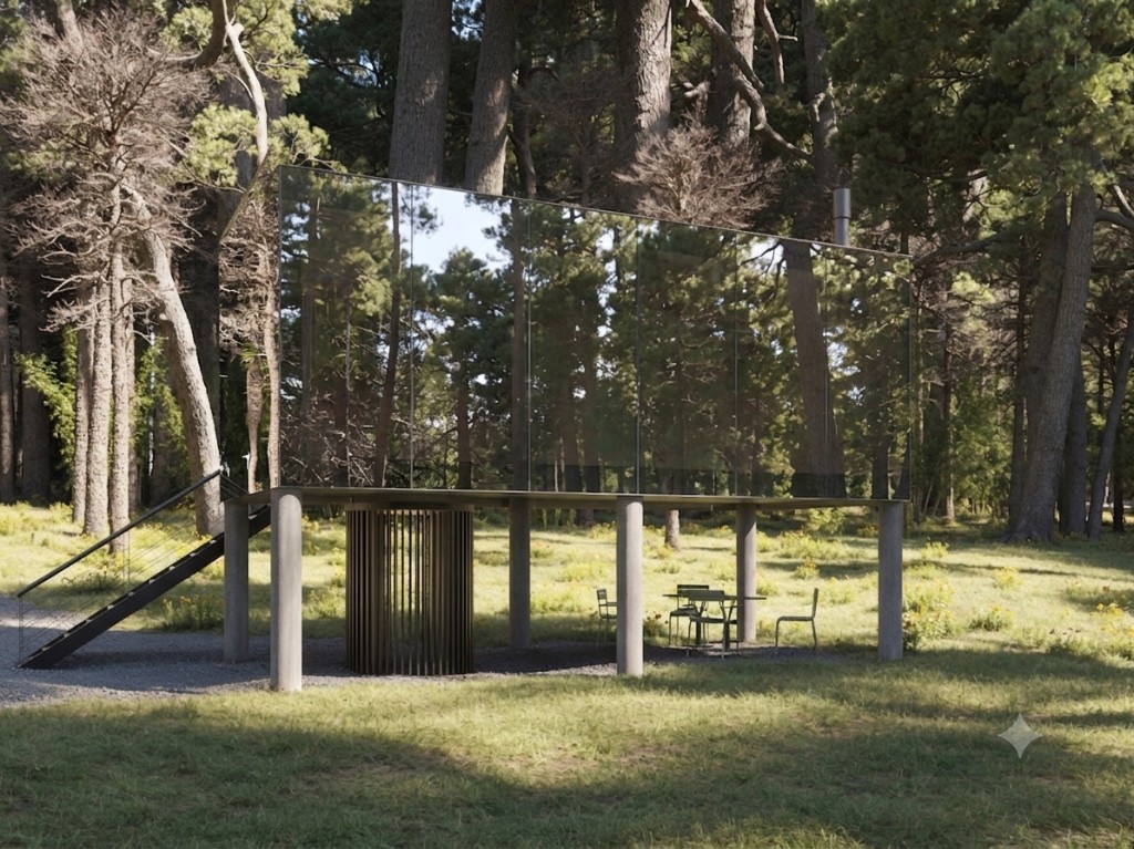 Cabaña vidriada con fachada espejada en el bosque