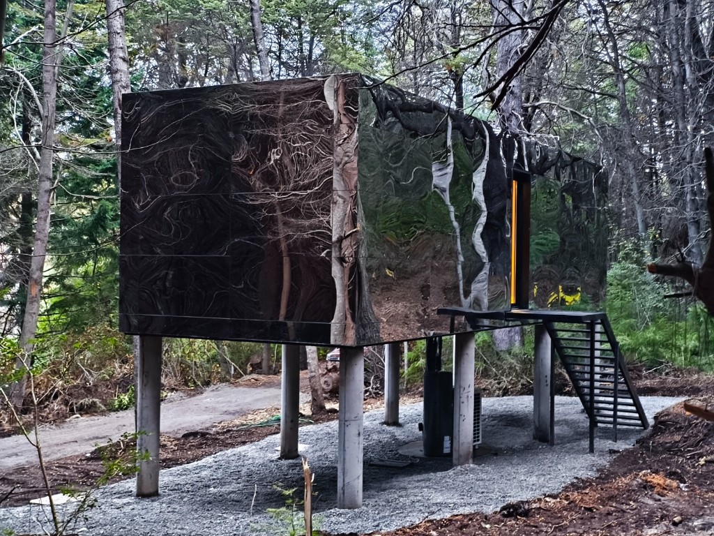 Cabaña espejada con reflejo del bosque